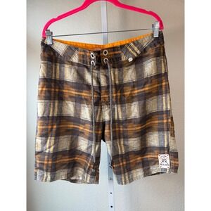 3rd & Army Plaid Board Shorts‎ Men's Size 34 Orange Brown Casual Beach Swim